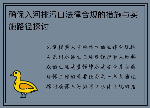 确保入河排污口法律合规的措施与实施路径探讨