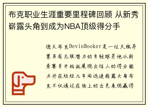 布克职业生涯重要里程碑回顾 从新秀崭露头角到成为NBA顶级得分手
